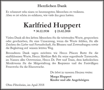 Traueranzeige von Karlfried Huppert von Trauerportal Rhein Main Presse