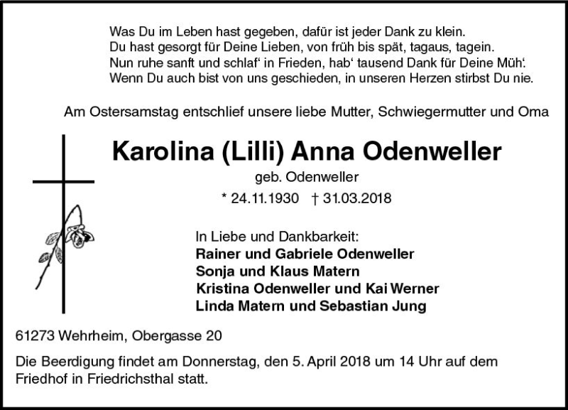 Traueranzeige für Karolina Anna Odenweller vom 03.04.2018 aus  Usinger Anzeiger
