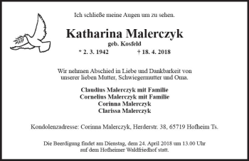 Traueranzeige von Katharina Malerczyk von Trauerportal Rhein Main Presse