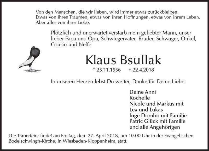  Traueranzeige für Klaus Bsullak vom 25.04.2018 aus Trauerportal Rhein Main Presse