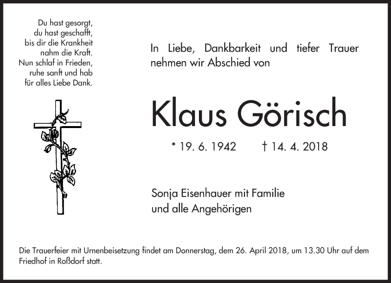 Traueranzeige für Klaus Görisch vom 21.04.2018 aus Trauerportal Rhein Main Presse
