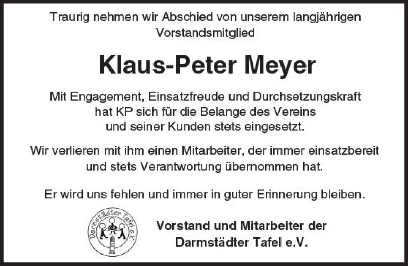  Traueranzeige für Klaus-Peter Meyer vom 21.04.2018 aus Trauerportal Rhein Main Presse