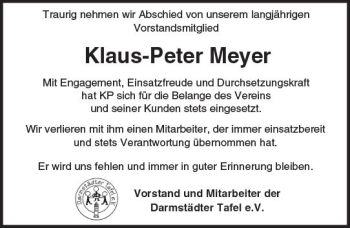 Traueranzeige von Klaus-Peter Meyer von Trauerportal Rhein Main Presse