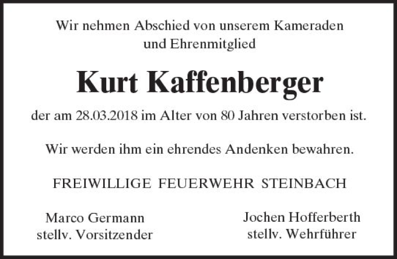  Traueranzeige für Kurt Kaffenberger vom 07.04.2018 aus Trauerportal Rhein Main Presse