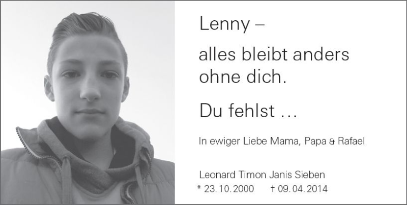  Traueranzeige für Leonard Timon Janis Sieben vom 09.04.2018 aus Trauerportal Rhein Main Presse