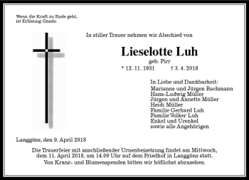 Traueranzeige von Lieselotte Luh von  Gießener Anzeiger