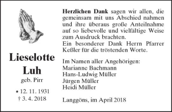 Traueranzeige von Lieselotte Luh von  Gießener Anzeiger