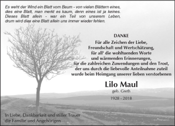 Traueranzeige von Lilo Maul von Trauerportal Rhein Main Presse