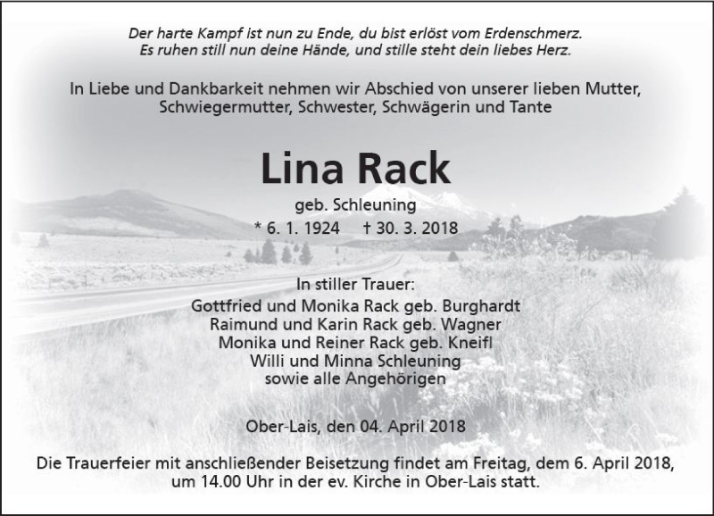  Traueranzeige für Lina Rack vom 04.04.2018 aus  Kreisanzeiger