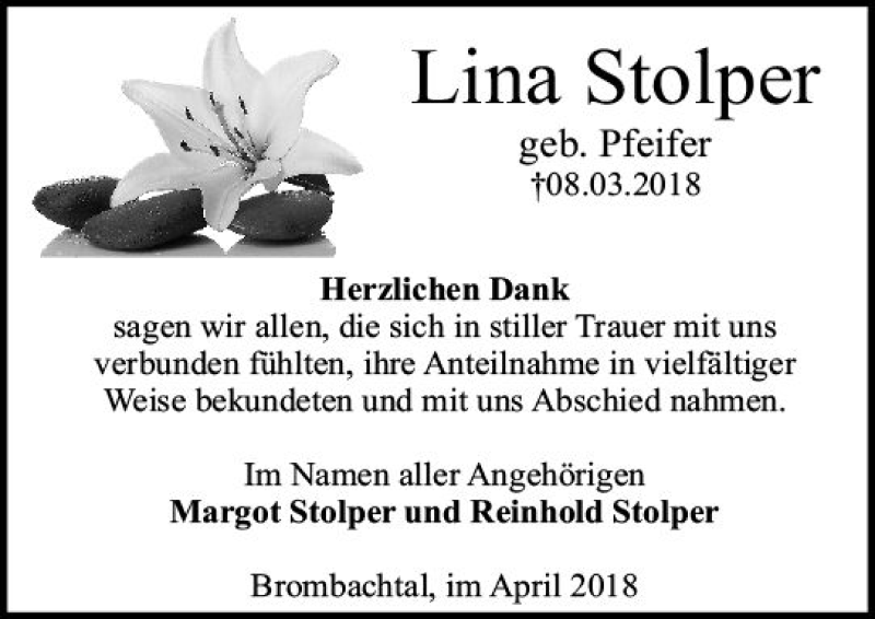  Traueranzeige für Lina Stolper vom 07.04.2018 aus Trauerportal Rhein Main Presse
