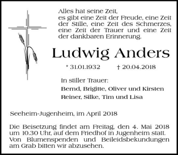 Traueranzeige von Ludwig Anders von Trauerportal Rhein Main Presse