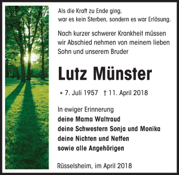 Traueranzeige von Lutz Münster von Trauerportal Rhein Main Presse