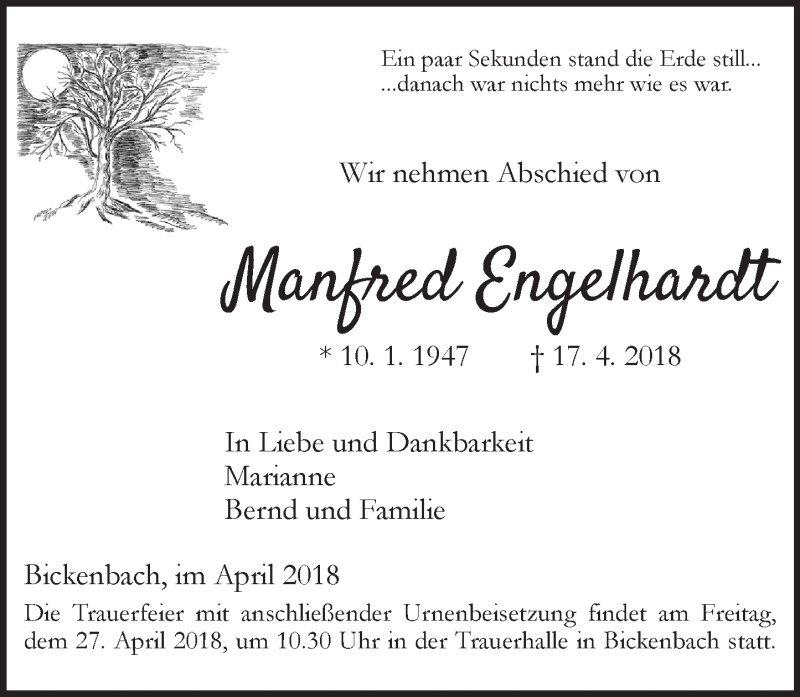  Traueranzeige für Manfred Engelhardt vom 21.04.2018 aus Trauerportal Rhein Main Presse