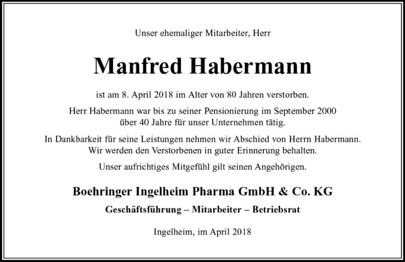  Traueranzeige für Manfred Habermann vom 13.04.2018 aus Trauerportal Rhein Main Presse