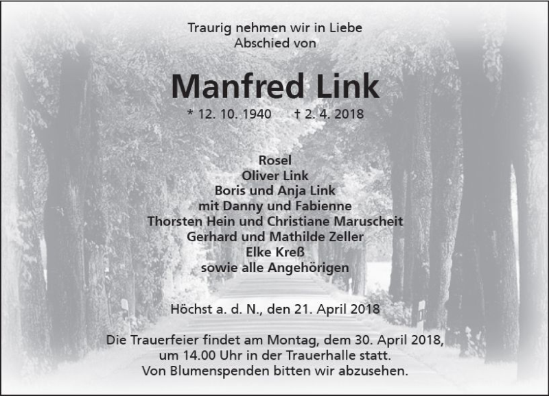 Traueranzeige für Manfred Link vom 21.04.2018 aus  Kreisanzeiger