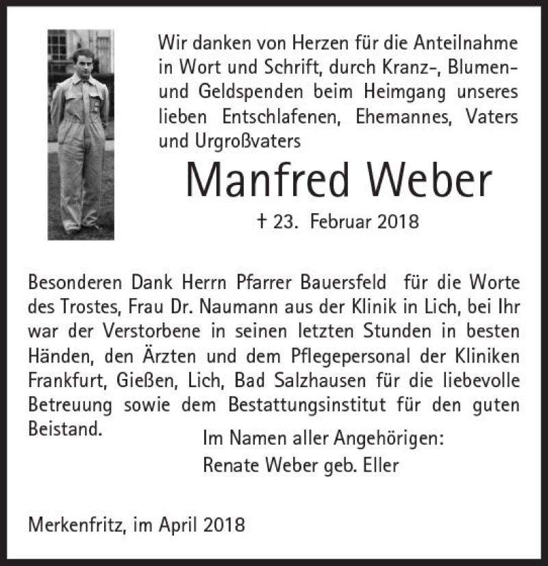  Traueranzeige für Manfred Weber vom 14.04.2018 aus  Kreisanzeiger