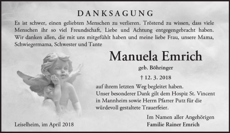  Traueranzeige für Manuela Emrich vom 19.04.2018 aus Trauerportal Rhein Main Presse