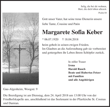 Traueranzeige von Margarete Sofia Keber von Trauerportal Rhein Main Presse
