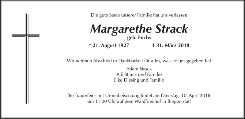  Traueranzeige für Margarethe Strack vom 06.04.2018 aus Trauerportal Rhein Main Presse