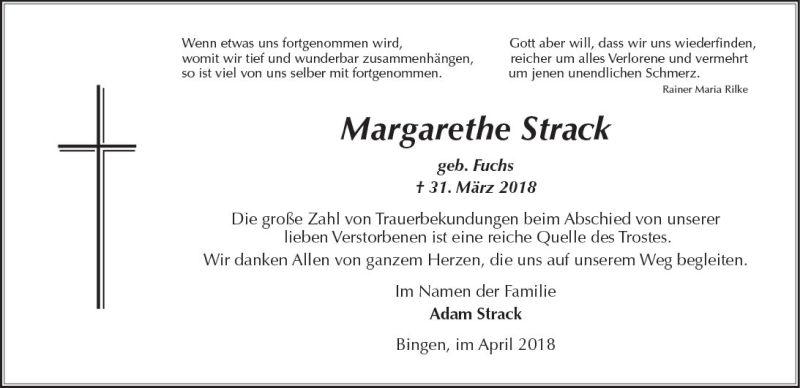  Traueranzeige für Margarethe Strack vom 28.04.2018 aus Trauerportal Rhein Main Presse