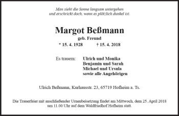 Traueranzeige von Margot Beßmann von Trauerportal Rhein Main Presse