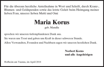 Traueranzeige von Maria Korus von Trauerportal Rhein Main Presse