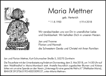 Traueranzeige von Maria Mettner von Trauerportal Rhein Main Presse