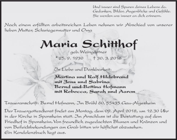 Traueranzeige von Maria Schitthof von Trauerportal Rhein Main Presse