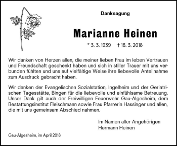 Traueranzeige von Marianne Heinen von Trauerportal Rhein Main Presse
