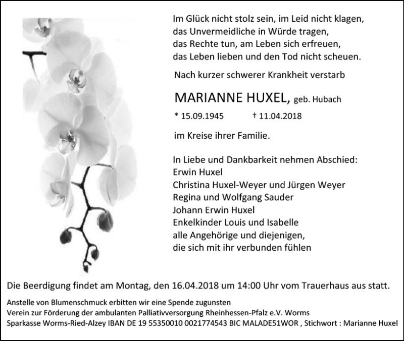  Traueranzeige für Marianne Huxel vom 13.04.2018 aus Trauerportal Rhein Main Presse