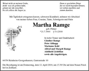 Traueranzeige von Martha Ramge von Trauerportal Rhein Main Presse