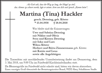 Traueranzeige von Martina  Hackler von Trauerportal Rhein Main Presse