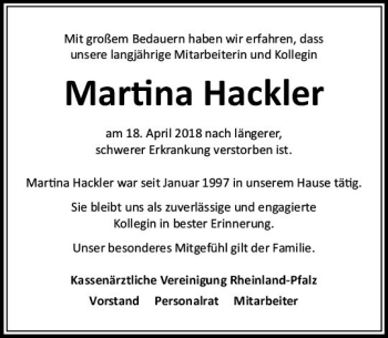 Traueranzeige von Martina  Hackler von Trauerportal Rhein Main Presse