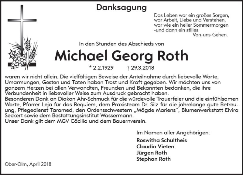  Traueranzeige für Michael Georg Roth vom 28.04.2018 aus Trauerportal Rhein Main Presse
