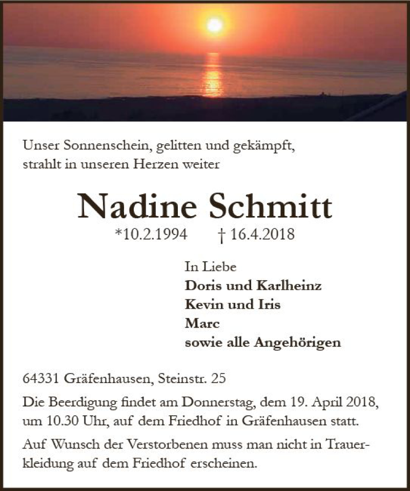  Traueranzeige für Nadine Schmitt vom 18.04.2018 aus Trauerportal Rhein Main Presse