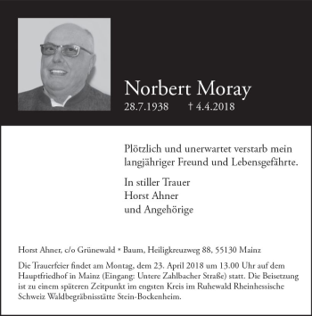 Traueranzeige von Norbert Moray von Trauerportal Rhein Main Presse