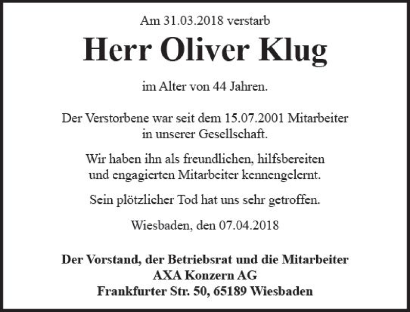  Traueranzeige für Oliver Klug vom 07.04.2018 aus Trauerportal Rhein Main Presse