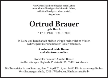 Traueranzeige von Ortrud Brauer von Trauerportal Rhein Main Presse