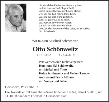 Traueranzeige von Otto Schönweitz von Trauerportal Rhein Main Presse