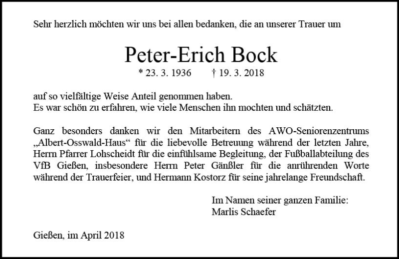  Traueranzeige für Peter-Erich Bock vom 07.04.2018 aus  Gießener Anzeiger