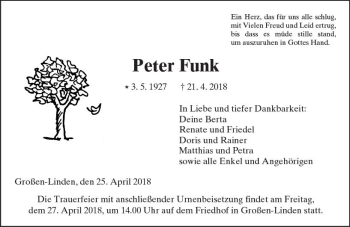 Traueranzeige von Peter Funk von  Gießener Anzeiger