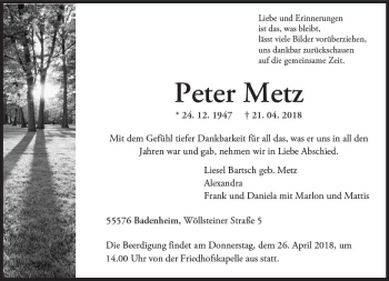Traueranzeige von Peter Metz von Trauerportal Rhein Main Presse