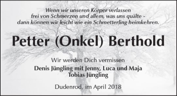 Traueranzeige von Petter Berthold von  Kreisanzeiger