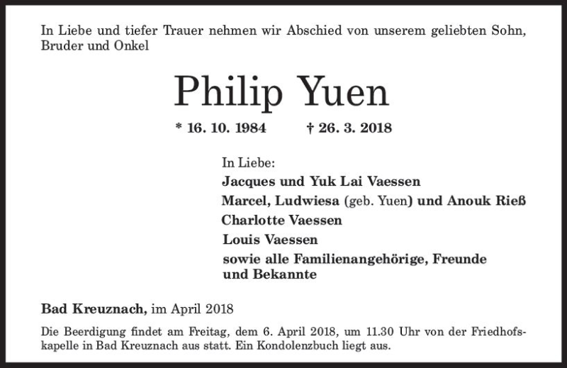  Traueranzeige für Philip Yuen vom 06.04.2018 aus Trauerportal Rhein Main Presse