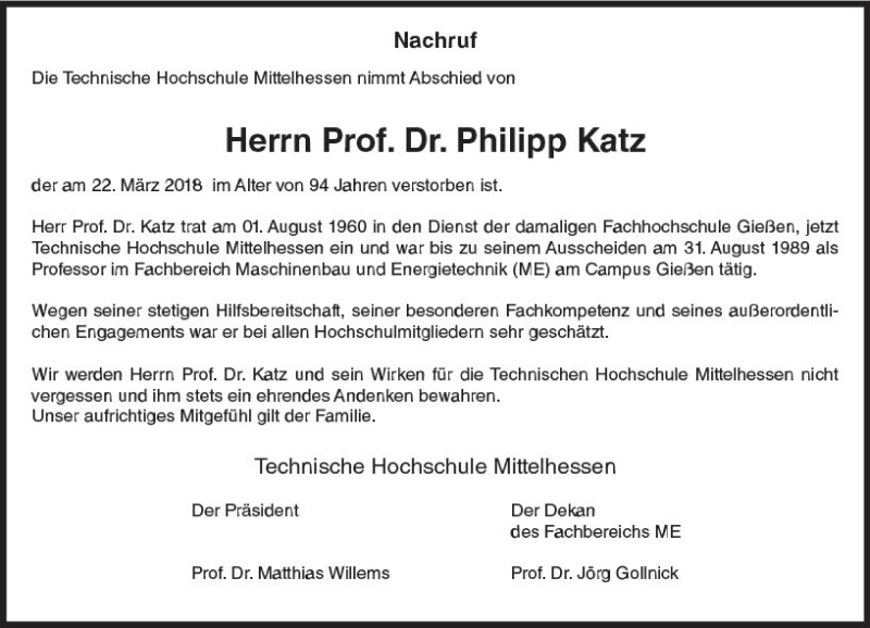  Traueranzeige für Philipp Katz vom 14.04.2018 aus  Gießener Anzeiger