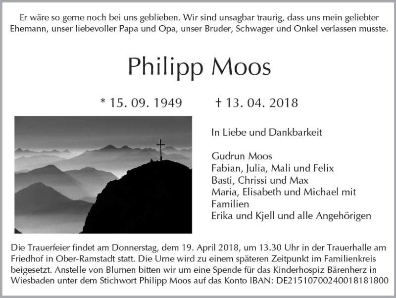  Traueranzeige für Philipp Moos vom 17.04.2018 aus Trauerportal Rhein Main Presse