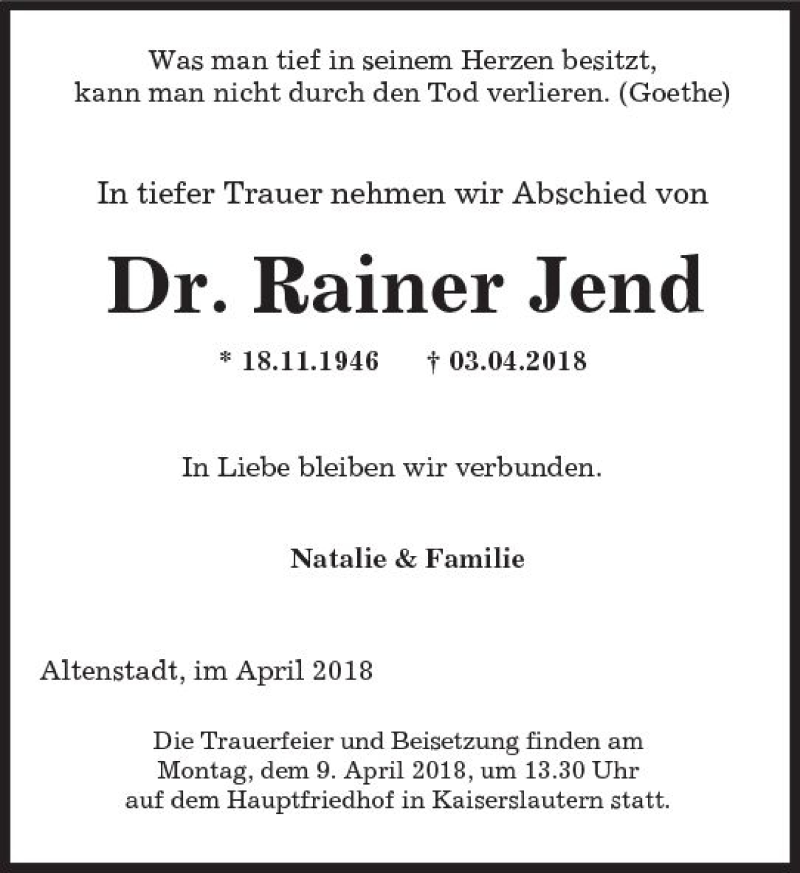 Traueranzeige für Rainer Jend vom 07.04.2018 aus  Kreisanzeiger