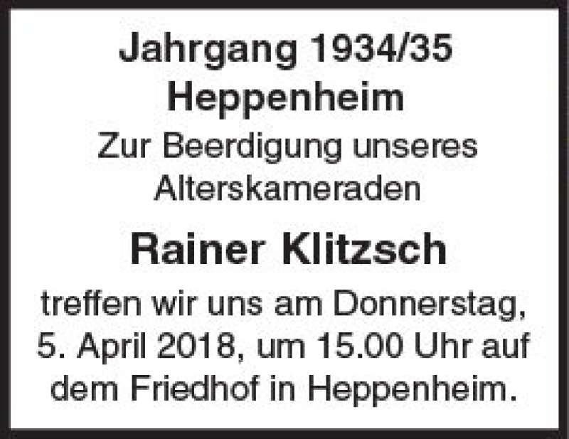  Traueranzeige für Rainer Klitzsch vom 03.04.2018 aus Trauerportal Rhein Main Presse
