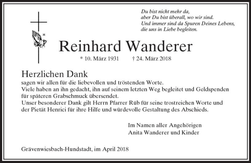  Traueranzeige für Reinhard Wanderer vom 19.04.2018 aus  Usinger Anzeiger