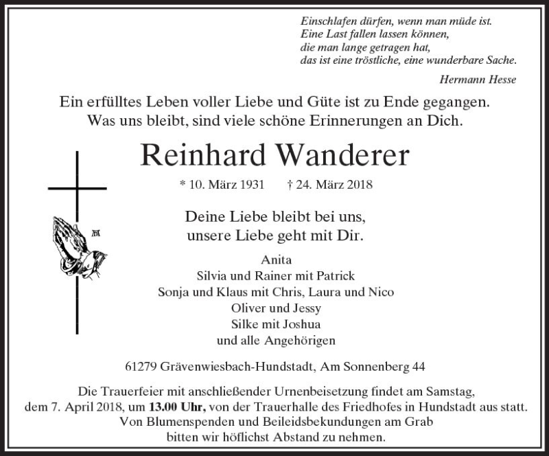  Traueranzeige für Reinhard Wanderer vom 03.04.2018 aus  Usinger Anzeiger